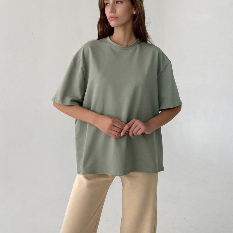 Hirsionsan Basic Cotton T Shirt Women Summer New Oversized Solid Tees 7 Color Casual Loose Tshirt Korean O Neck Female Tops
