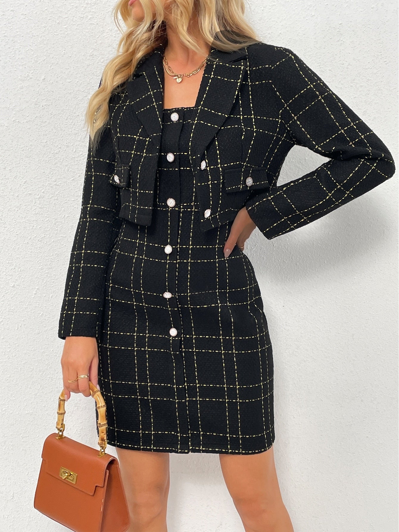Elegant Two Piece Set Womens Outfits Blazer Mujer And Tweed Suspender Dress Small Fragrance Button Woman Clothes For 2022