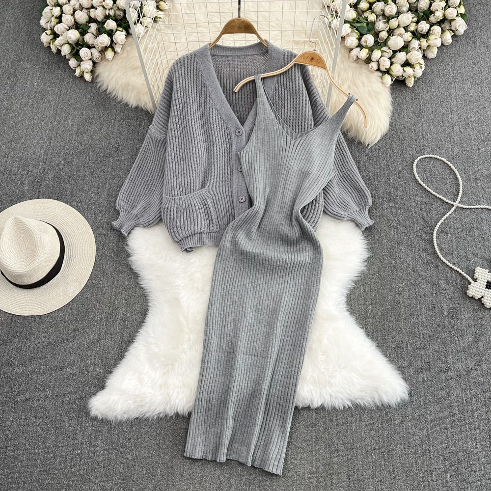 Women Elegant Slim Two Piece Sets Female Sweater Dress Autumn Winter High Waist Knitted Ensemble Femme Medium Long Party Dresses