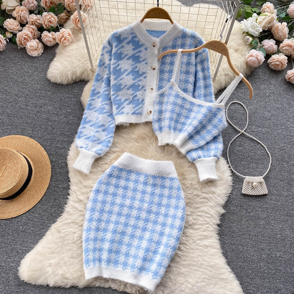Women Elegant Slim Two Piece Sets Female Sweater Dress Autumn Winter High Waist Knitted Ensemble Femme Medium Long Party Dresses