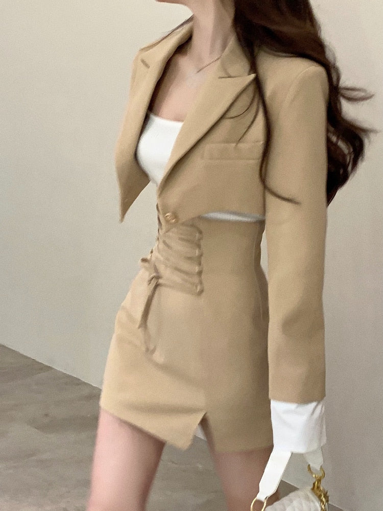 2 Piece Dress Set Women Casual Y2k Crop Tops Elegant Jacket Coats + Mini Skirts Korean Fashion Suits 2022 Autumn Blazers Dress