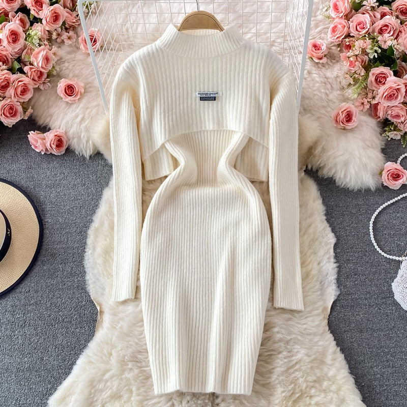 Women Elegant Slim Two Piece Sets Female Sweater Dress Autumn Winter High Waist Knitted Ensemble Femme Medium Long Party Dresses