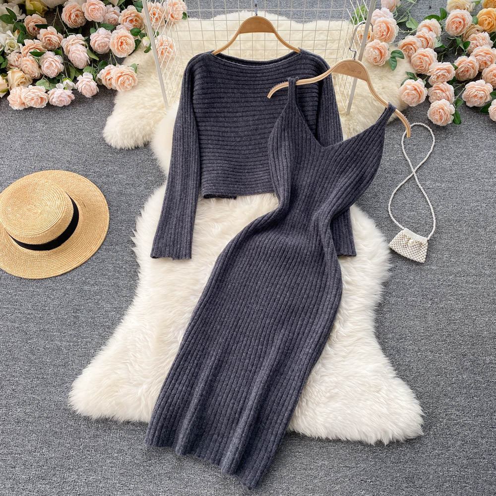 Women Elegant Slim Two Piece Sets Female Sweater Dress Autumn Winter High Waist Knitted Ensemble Femme Medium Long Party Dresses
