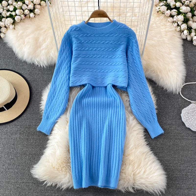 Women Elegant Slim Two Piece Sets Female Sweater Dress Autumn Winter High Waist Knitted Ensemble Femme Medium Long Party Dresses