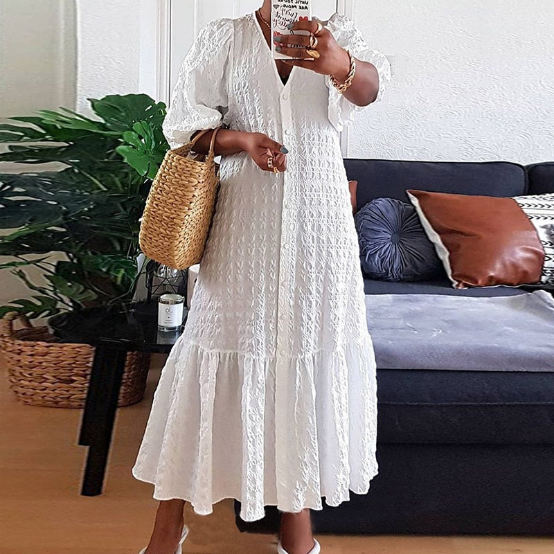 VONDA Plus Size 5XL Women Shirt Dress 2023 Autumn  Sexy V Neck Button Half Sleeve Long Maxi Vestidos Bohemian Elegant Party Robe