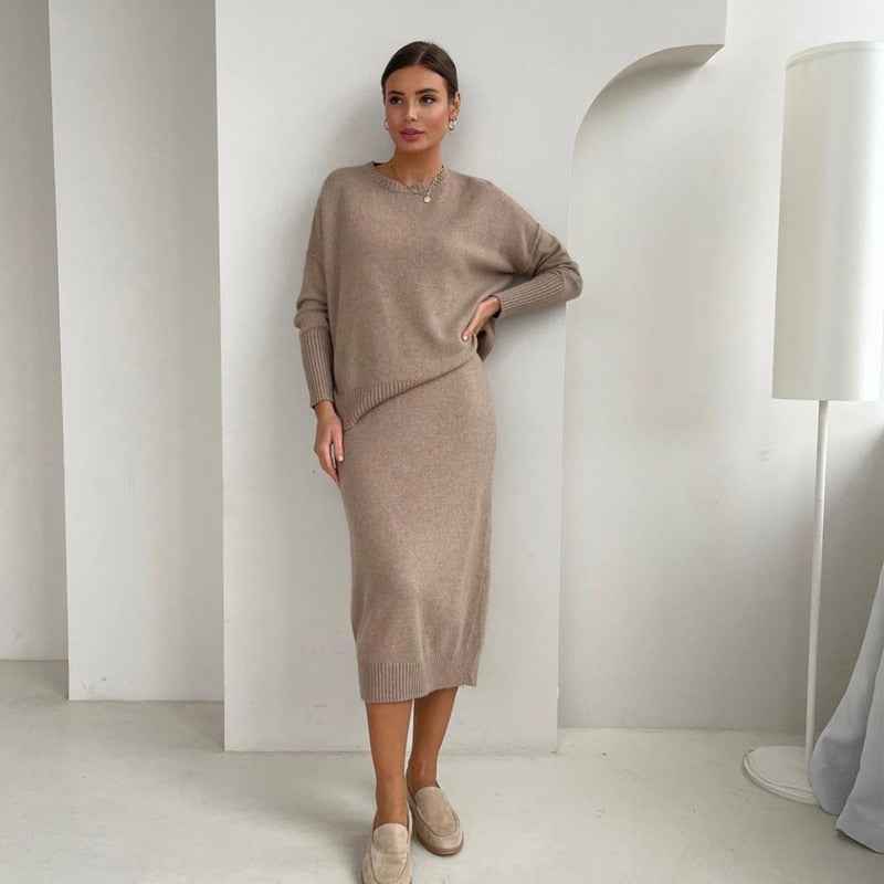 Hirsionsan Soft Vintage Lace Up Women Suits 2 Pieces Female Sets with Belt V Neck Cardigan &amp; Midi Dress Ladies Knitted TrackSuit