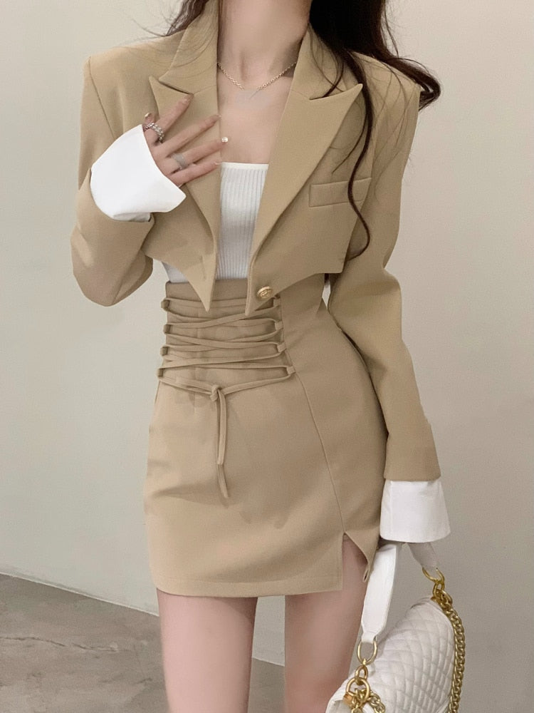 2 Piece Dress Set Women Casual Y2k Crop Tops Elegant Jacket Coats + Mini Skirts Korean Fashion Suits 2022 Autumn Blazers Dress