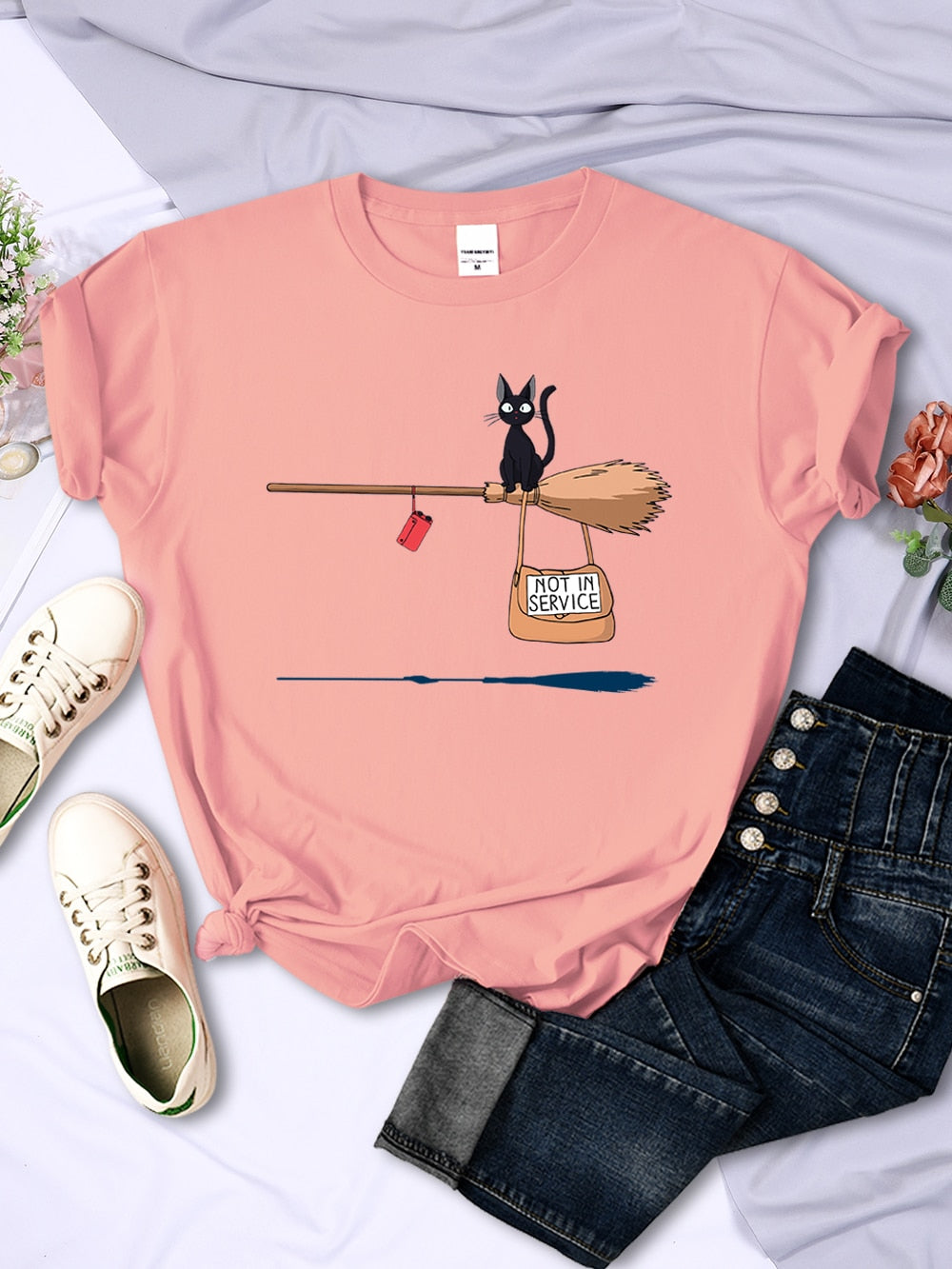 Cute Cat Not In Service Comics Tops Women Soft Cartoons Kawaii T-Shirt Fashion O-Neck Short Sleeve Female Clothing Couple Tees