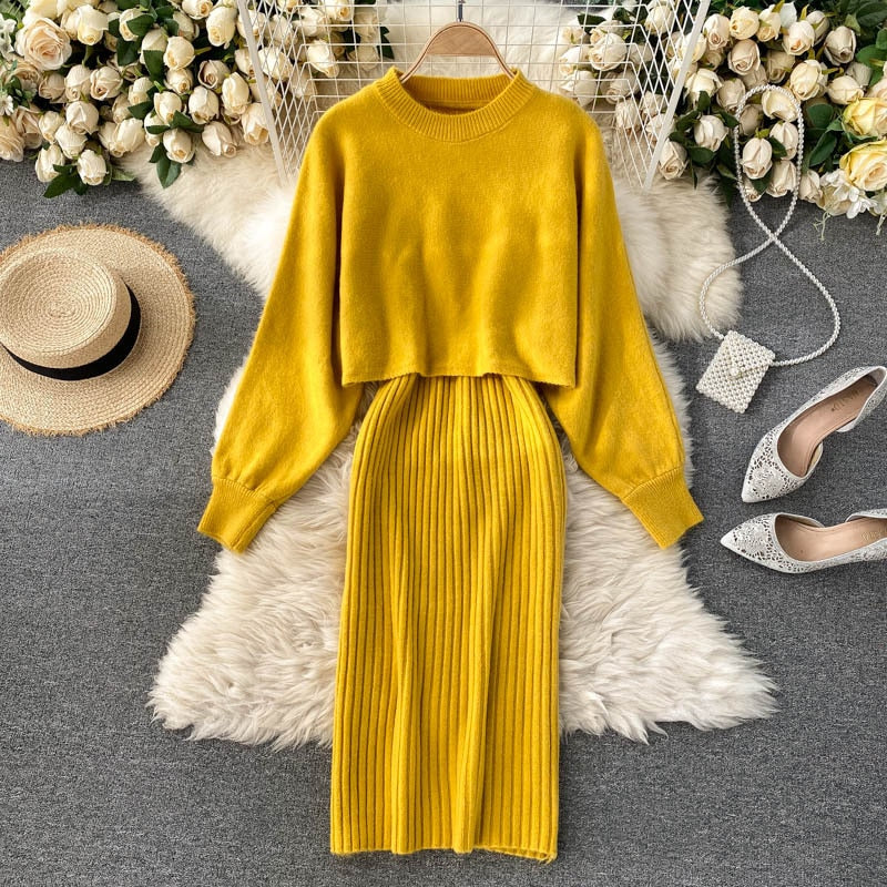 Women Elegant Slim Two Piece Sets Female Sweater Dress Autumn Winter High Waist Knitted Ensemble Femme Medium Long Party Dresses