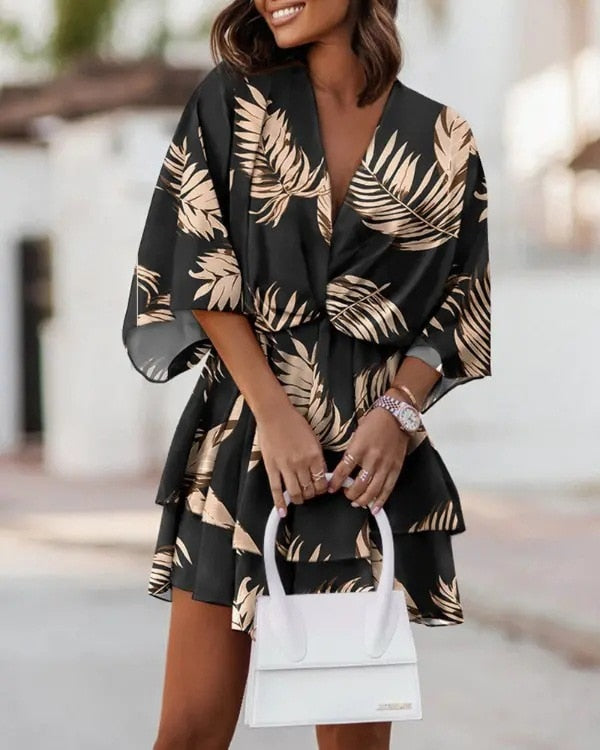 Women Sexy V Neck Mini Dresses Summer Boho Casual Floral Print Batwing Sleeve Dresses Female Ruffle Beach Party Dress Vestidos