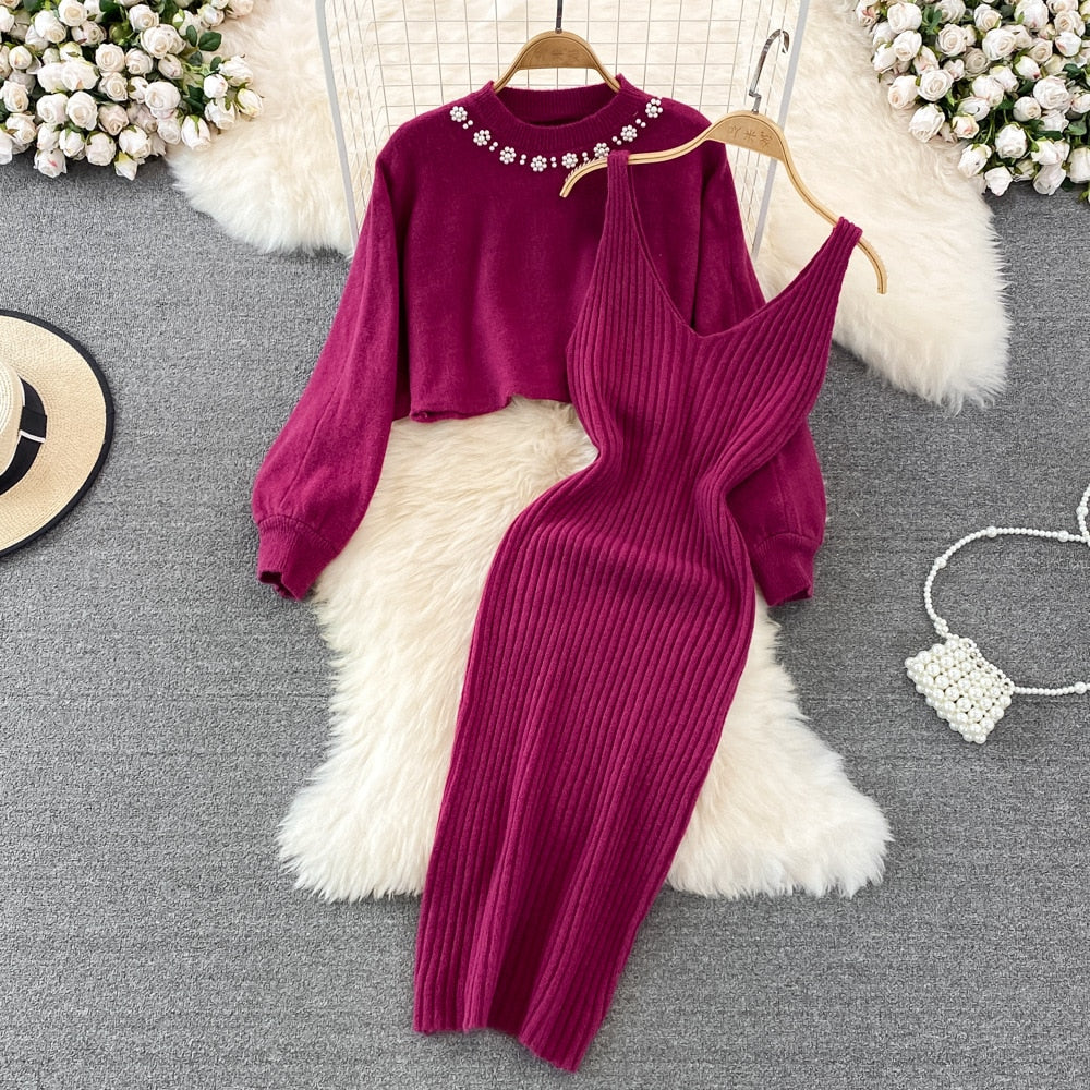 Women Elegant Slim Two Piece Sets Female Sweater Dress Autumn Winter High Waist Knitted Ensemble Femme Medium Long Party Dresses