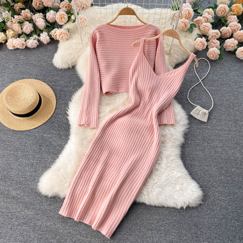 Women Elegant Slim Two Piece Sets Female Sweater Dress Autumn Winter High Waist Knitted Ensemble Femme Medium Long Party Dresses