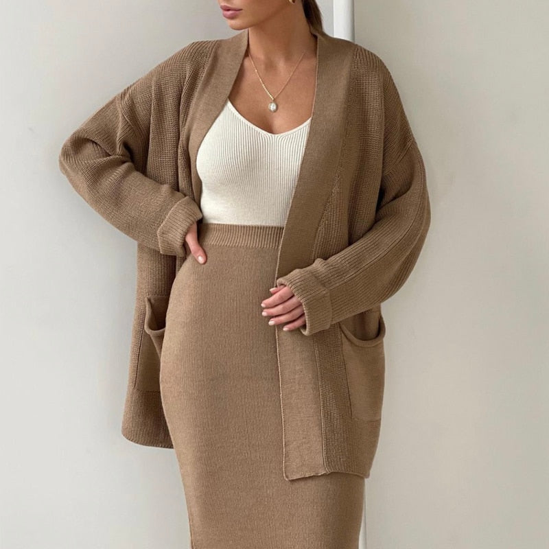 Hirsionsan Soft Vintage Lace Up Women Suits 2 Pieces Female Sets with Belt V Neck Cardigan &amp; Midi Dress Ladies Knitted TrackSuit