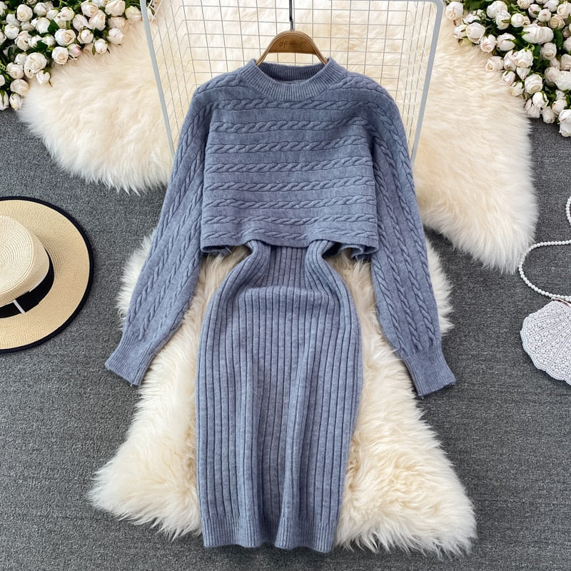Women Elegant Slim Two Piece Sets Female Sweater Dress Autumn Winter High Waist Knitted Ensemble Femme Medium Long Party Dresses