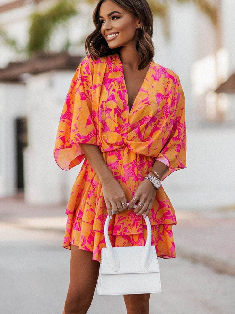 Women Sexy V Neck Mini Dresses Summer Boho Casual Floral Print Batwing Sleeve Dresses Female Ruffle Beach Party Dress Vestidos