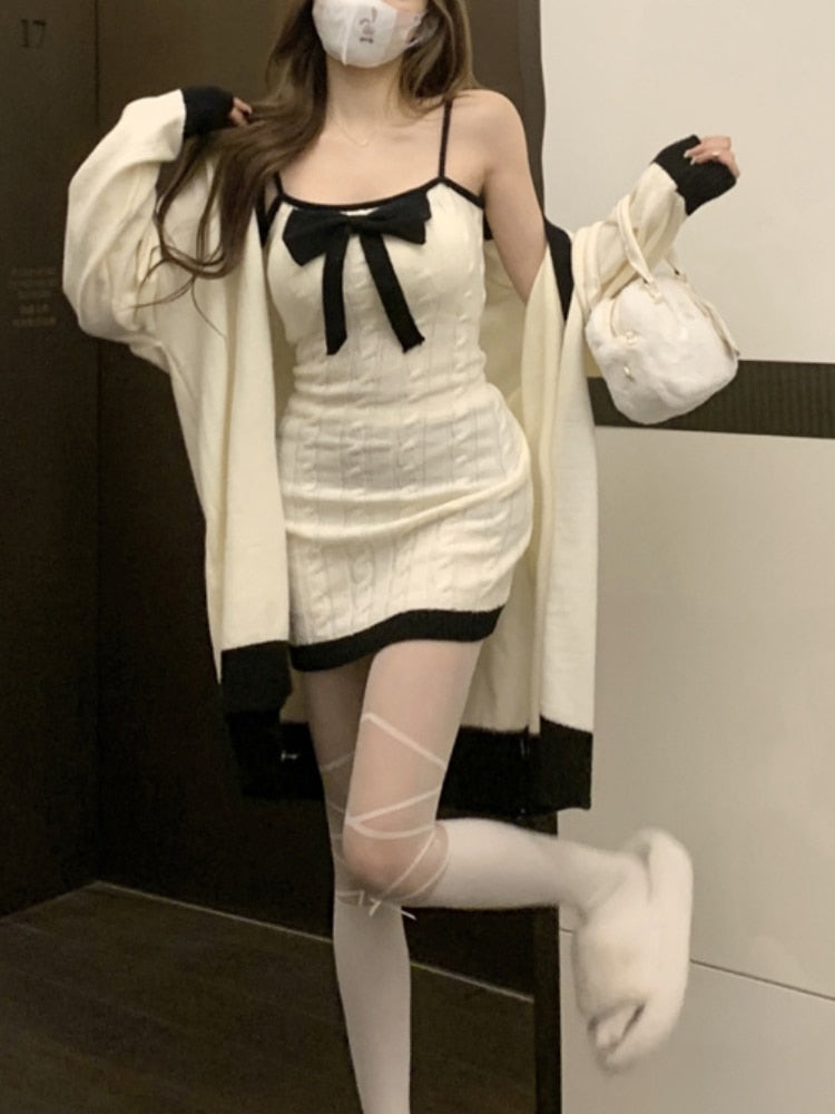Elegant Knitted Two Piece Set Women Bow Designer Sweet Party Dress Set Female Korean Style Sweater Mini Dress Suit Winter 2022
