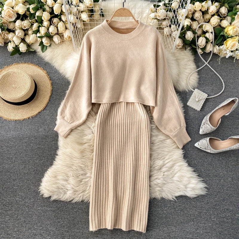 Women Elegant Slim Two Piece Sets Female Sweater Dress Autumn Winter High Waist Knitted Ensemble Femme Medium Long Party Dresses