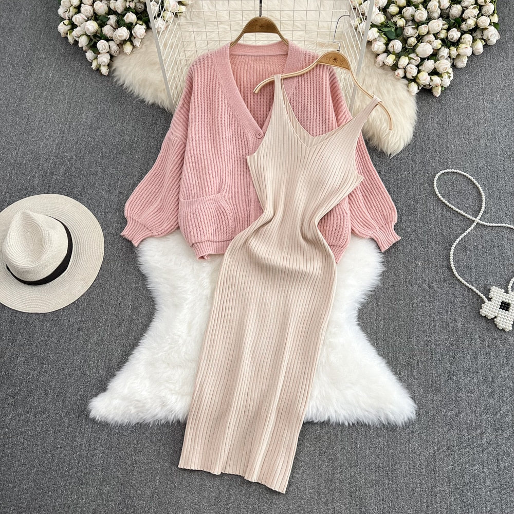 Women Elegant Slim Two Piece Sets Female Sweater Dress Autumn Winter High Waist Knitted Ensemble Femme Medium Long Party Dresses
