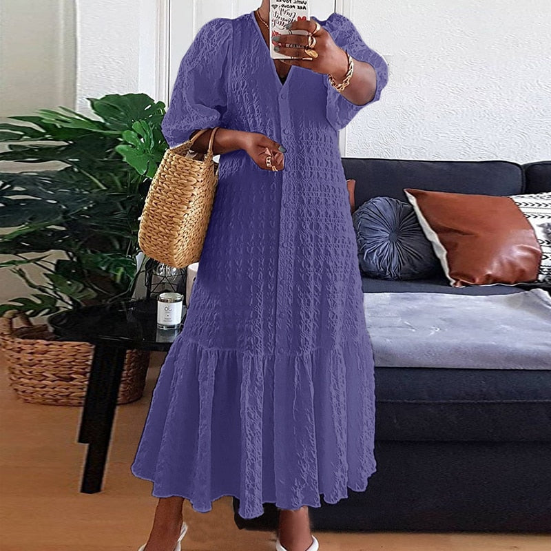 VONDA Plus Size 5XL Women Shirt Dress 2023 Autumn  Sexy V Neck Button Half Sleeve Long Maxi Vestidos Bohemian Elegant Party Robe