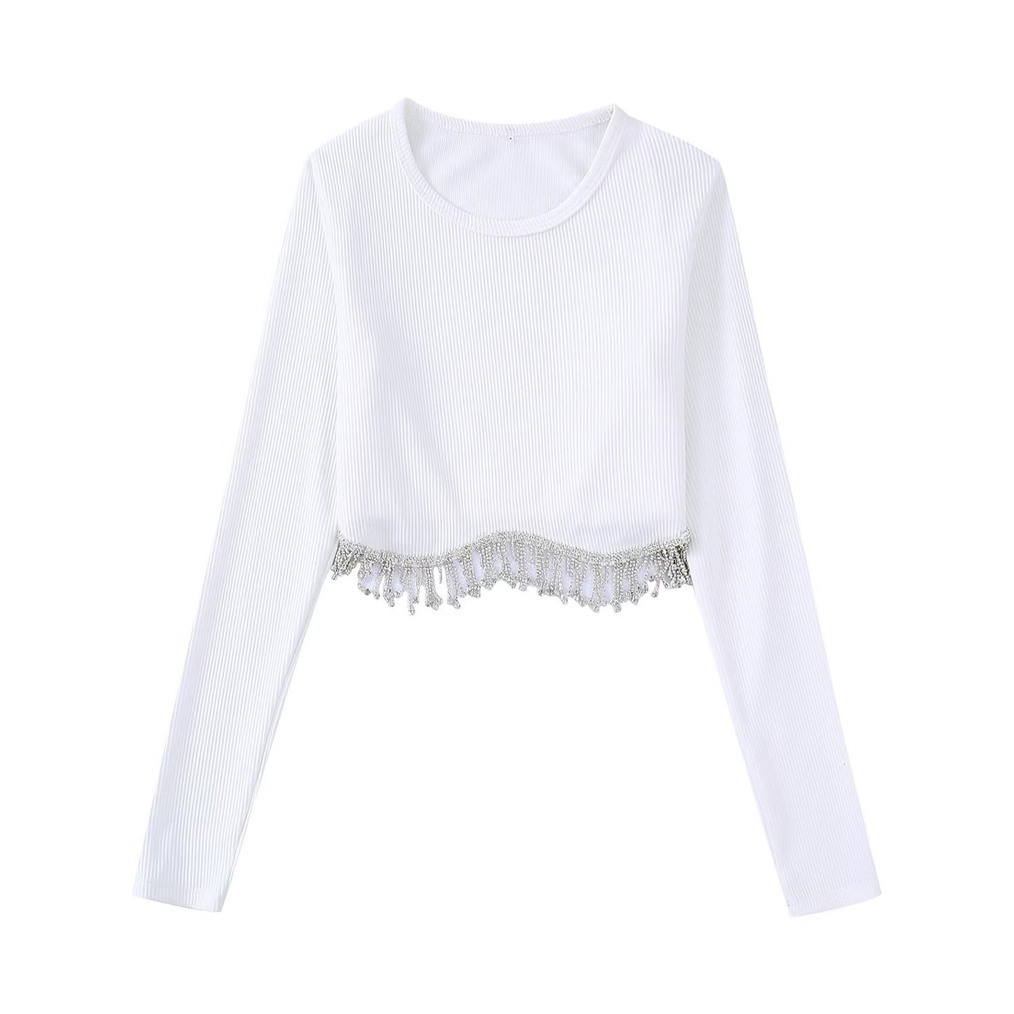 Zevity Women High Street Sexy Hem Tassel Diamond Beading Knitting T Shirt Chic Short Camis Tank Lady Slim Crop Vest Tops LS1311