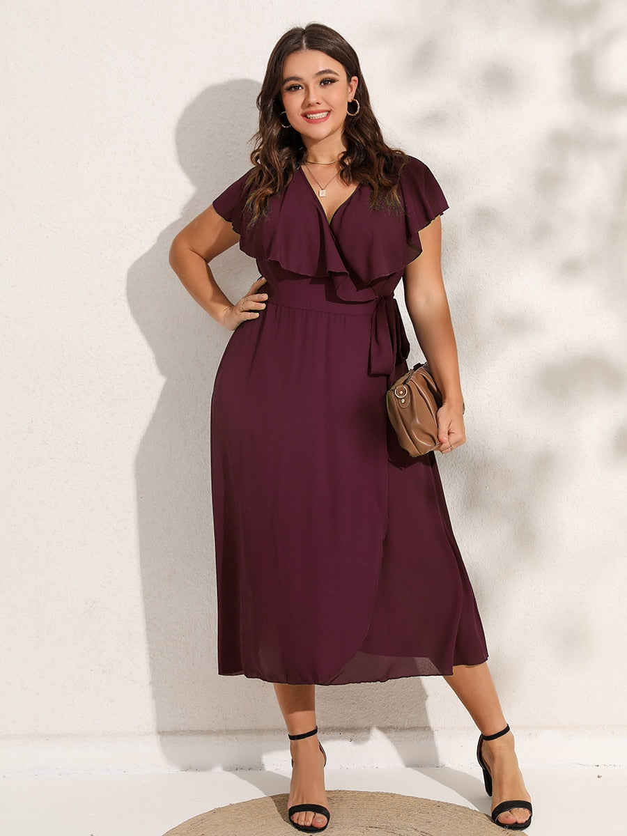 Finjani Party Dresses For Women 2022 Plus Size Summer Midi Dress V-Neck Solid Ruffle Sleeve Belted Wrap Dress