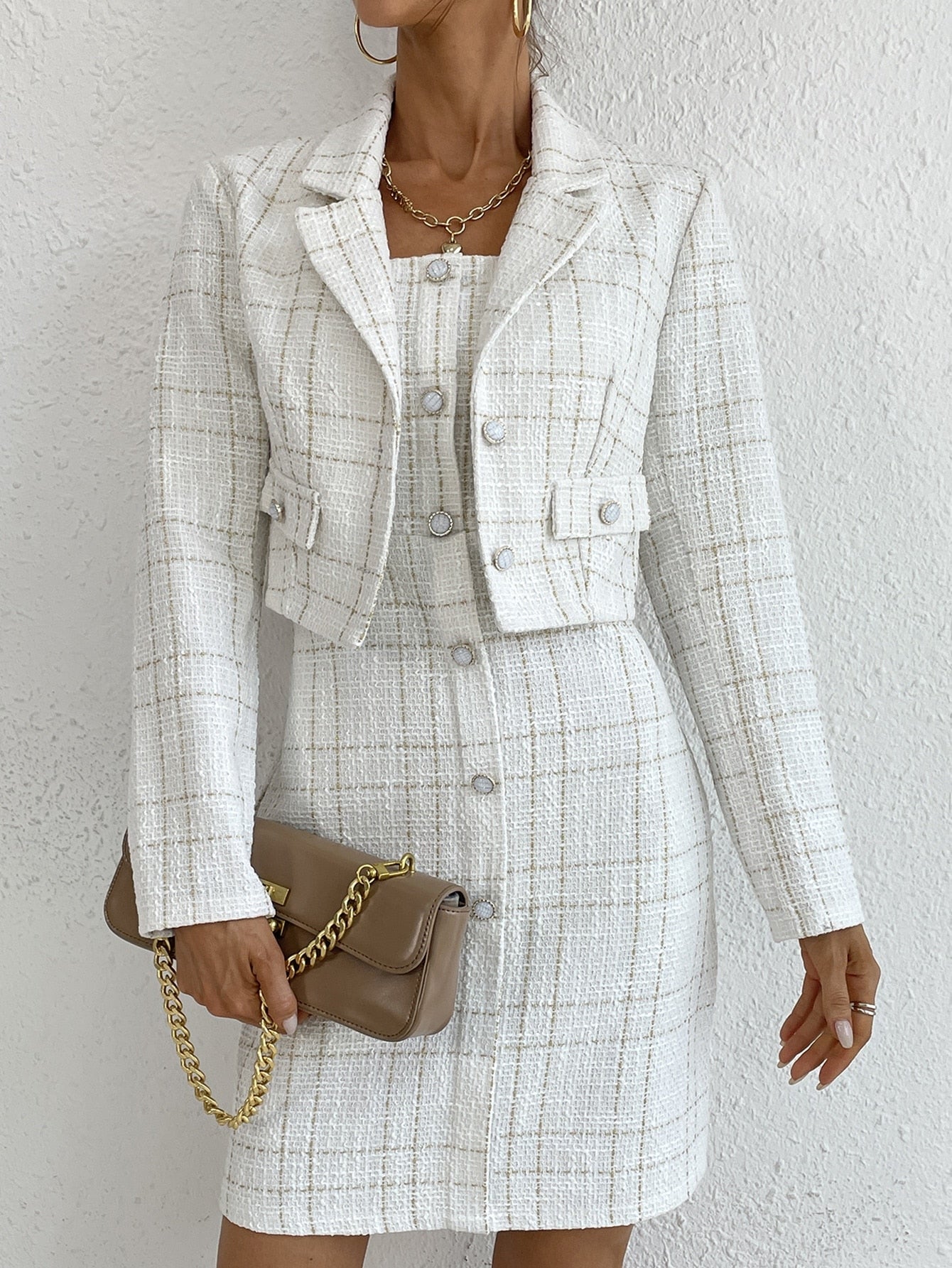 Elegant Two Piece Set Womens Outfits Blazer Mujer And Tweed Suspender Dress Small Fragrance Button Woman Clothes For 2022
