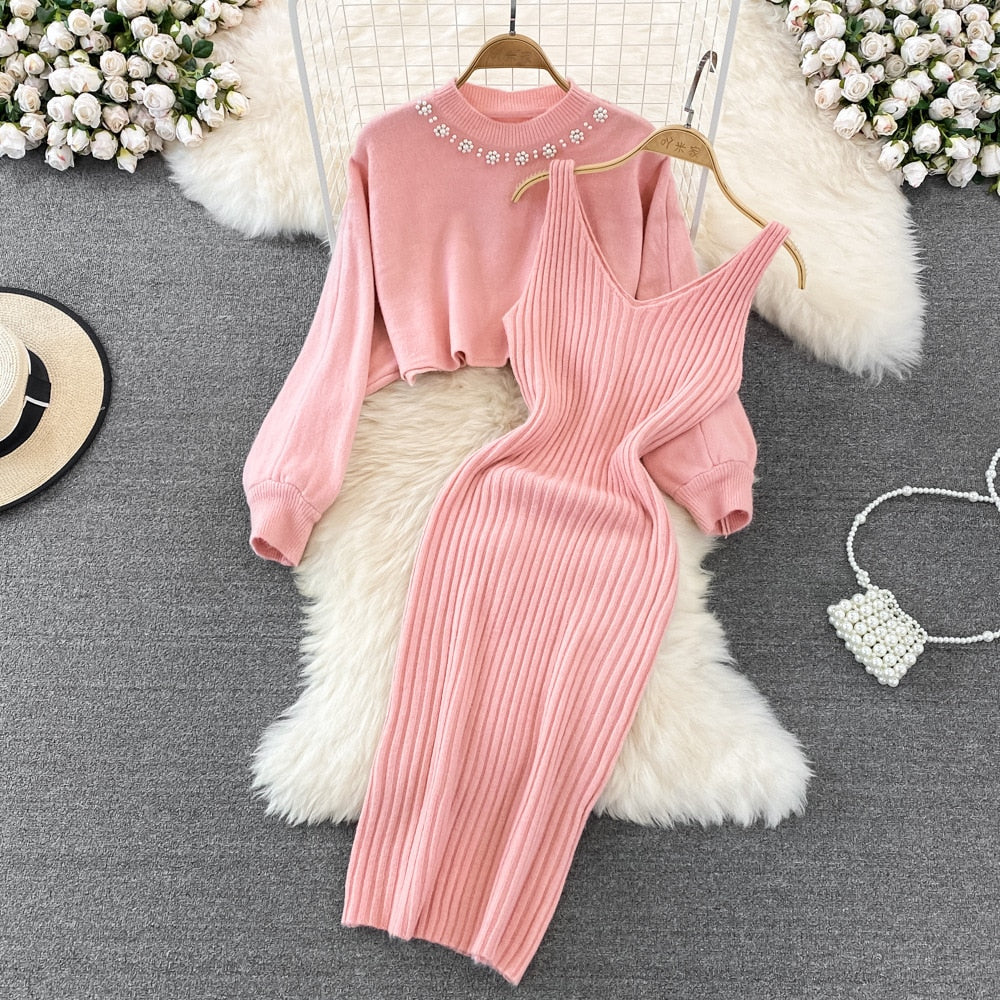 Women Elegant Slim Two Piece Sets Female Sweater Dress Autumn Winter High Waist Knitted Ensemble Femme Medium Long Party Dresses