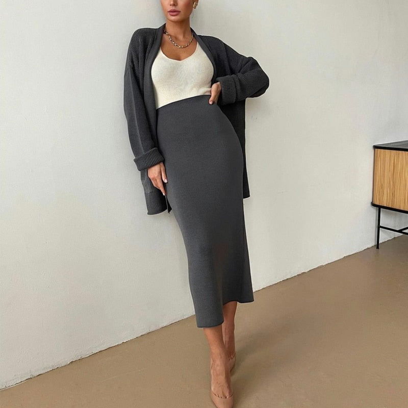 Hirsionsan Soft Vintage Lace Up Women Suits 2 Pieces Female Sets with Belt V Neck Cardigan &amp; Midi Dress Ladies Knitted TrackSuit