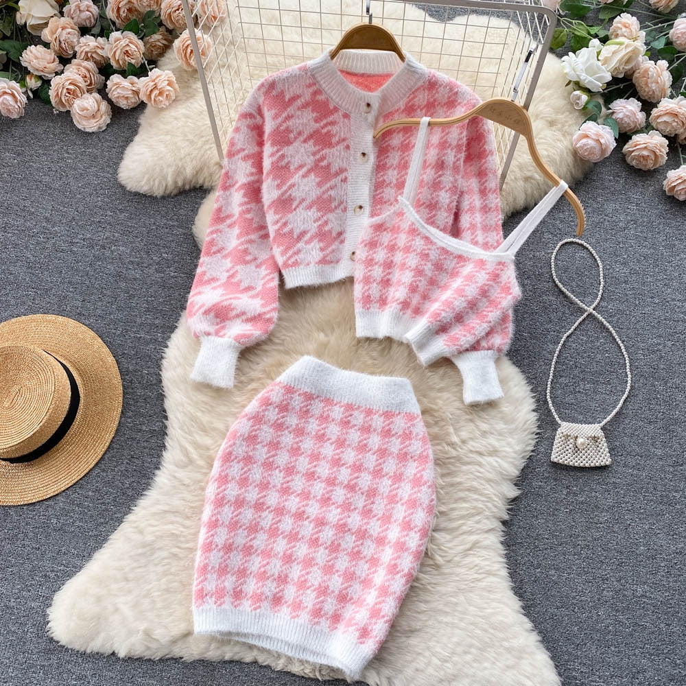 Women Elegant Slim Two Piece Sets Female Sweater Dress Autumn Winter High Waist Knitted Ensemble Femme Medium Long Party Dresses
