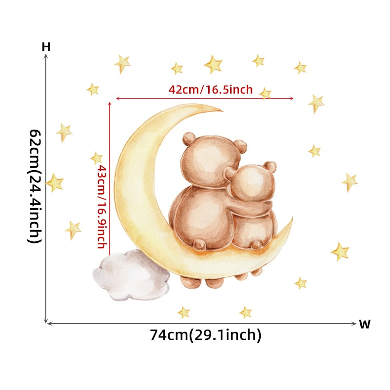 Cartoon Teddy Bear Sleeping on the Moon and Stars Wall Stickers for Kids Room Baby Room Decoration Wall Decals Room Interior