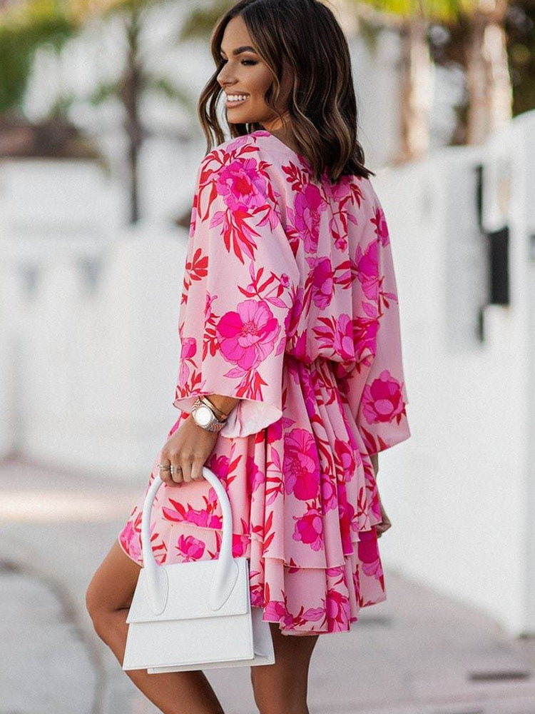 Women Sexy V Neck Mini Dresses Summer Boho Casual Floral Print Batwing Sleeve Dresses Female Ruffle Beach Party Dress Vestidos