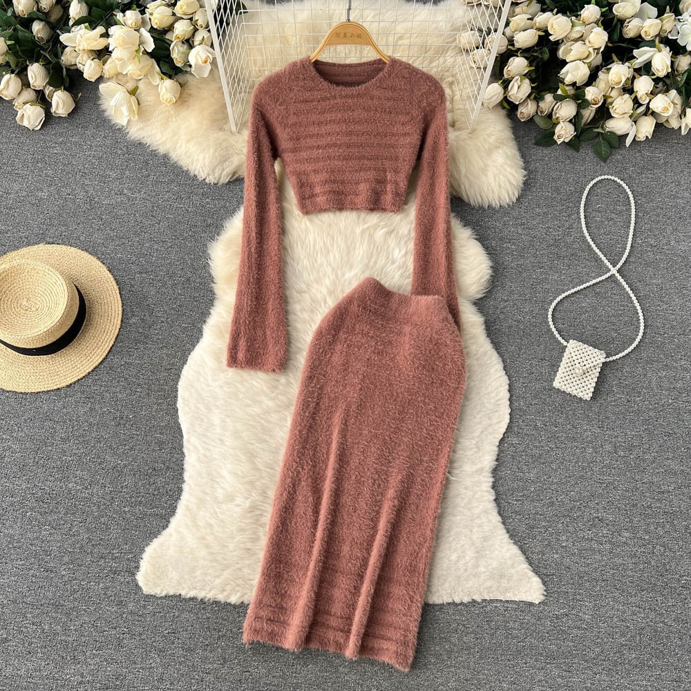 Women Elegant Slim Two Piece Sets Female Sweater Dress Autumn Winter High Waist Knitted Ensemble Femme Medium Long Party Dresses
