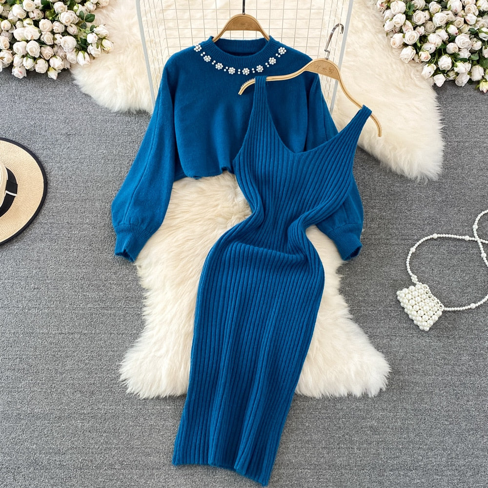 Women Elegant Slim Two Piece Sets Female Sweater Dress Autumn Winter High Waist Knitted Ensemble Femme Medium Long Party Dresses