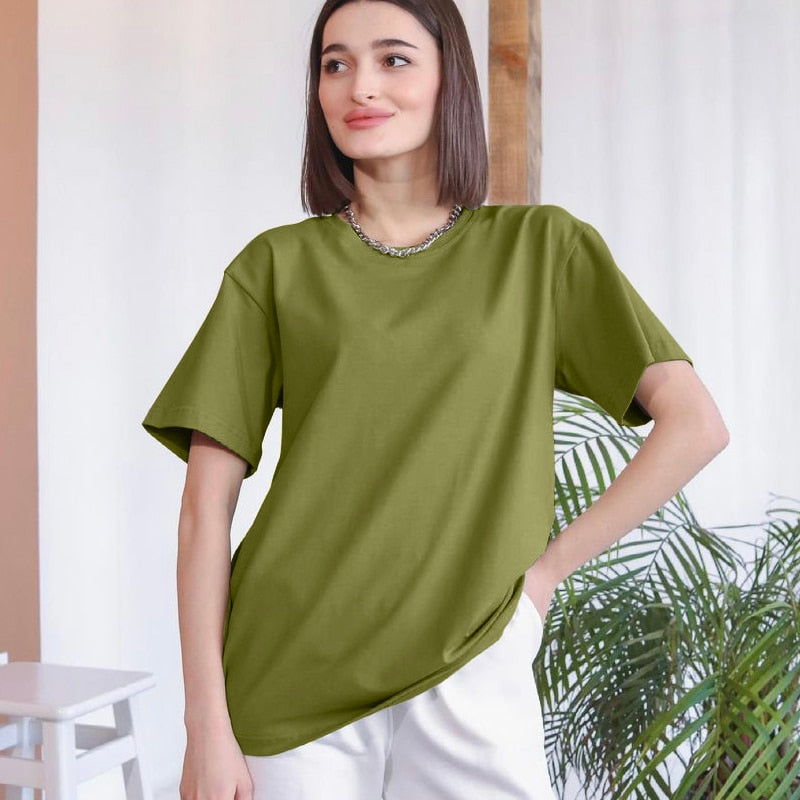 Hirsionsan Basic Cotton T Shirt Women Summer New Oversized Solid Tees 7 Color Casual Loose Tshirt Korean O Neck Female Tops