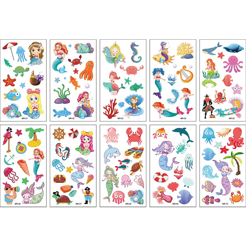 10Sheets/lot Children Cute Cartoon Unicorn Temporary Tattoo Stickers Baby Shower Kids Body Makeup Sticker Tattoos Mermaid Party