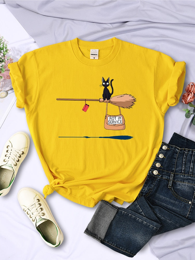 Cute Cat Not In Service Comics Tops Women Soft Cartoons Kawaii T-Shirt Fashion O-Neck Short Sleeve Female Clothing Couple Tees