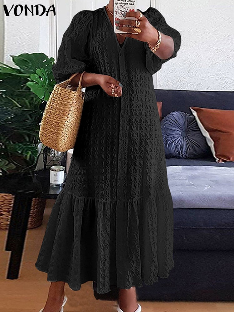 VONDA Plus Size 5XL Women Shirt Dress 2023 Autumn  Sexy V Neck Button Half Sleeve Long Maxi Vestidos Bohemian Elegant Party Robe