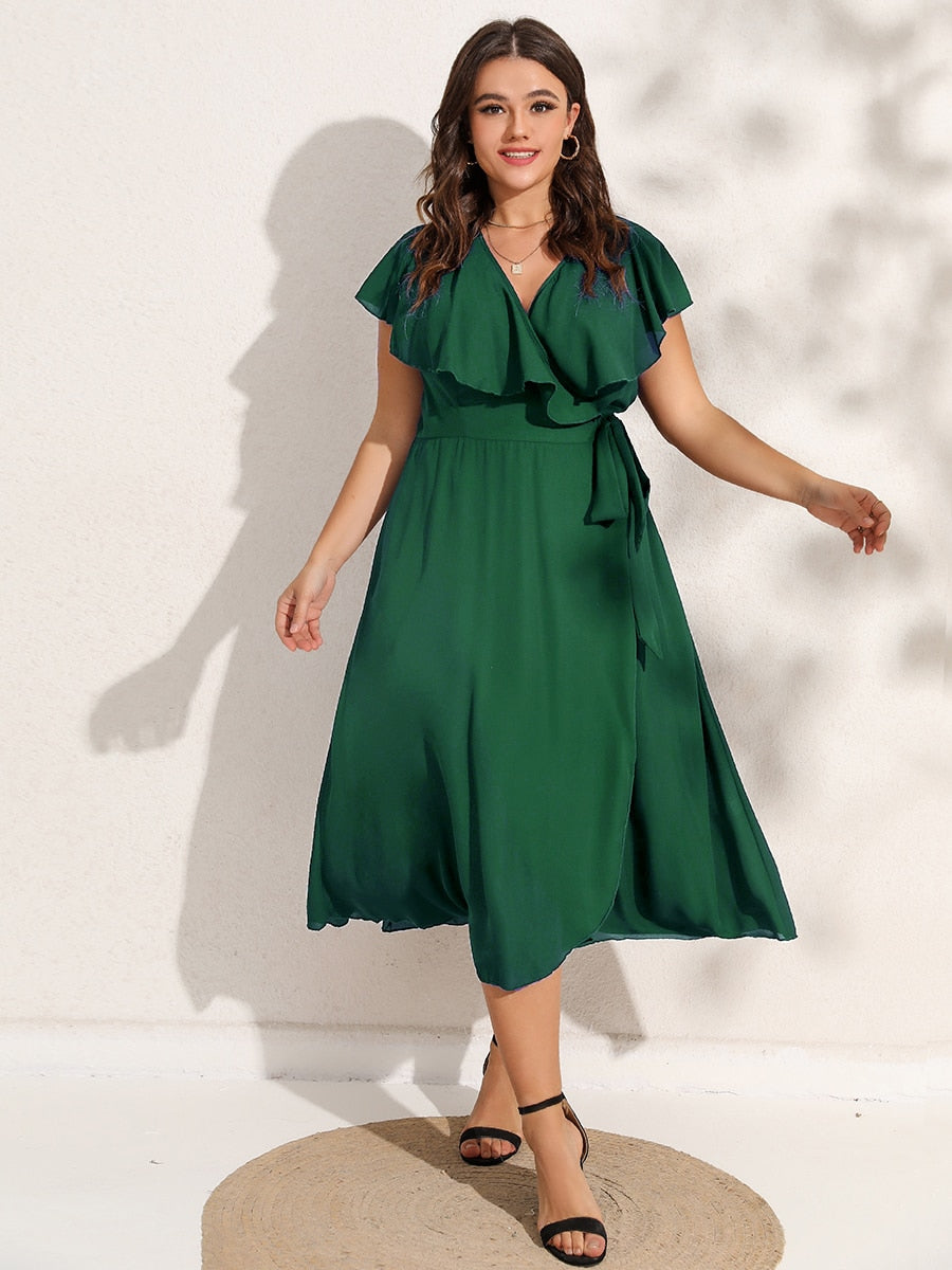 Finjani Party Dresses For Women 2022 Plus Size Summer Midi Dress V-Neck Solid Ruffle Sleeve Belted Wrap Dress