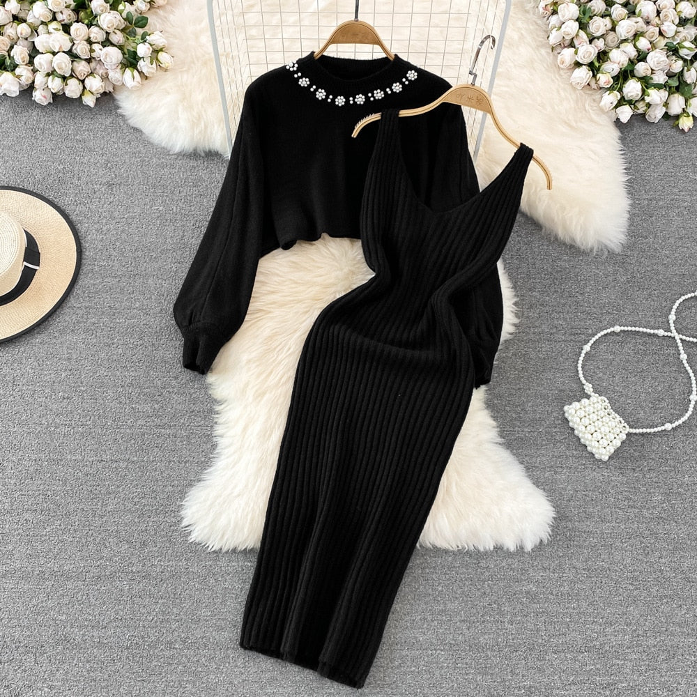 Women Elegant Slim Two Piece Sets Female Sweater Dress Autumn Winter High Waist Knitted Ensemble Femme Medium Long Party Dresses