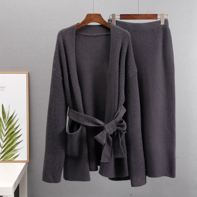 Hirsionsan Soft Vintage Lace Up Women Suits 2 Pieces Female Sets with Belt V Neck Cardigan &amp; Midi Dress Ladies Knitted TrackSuit