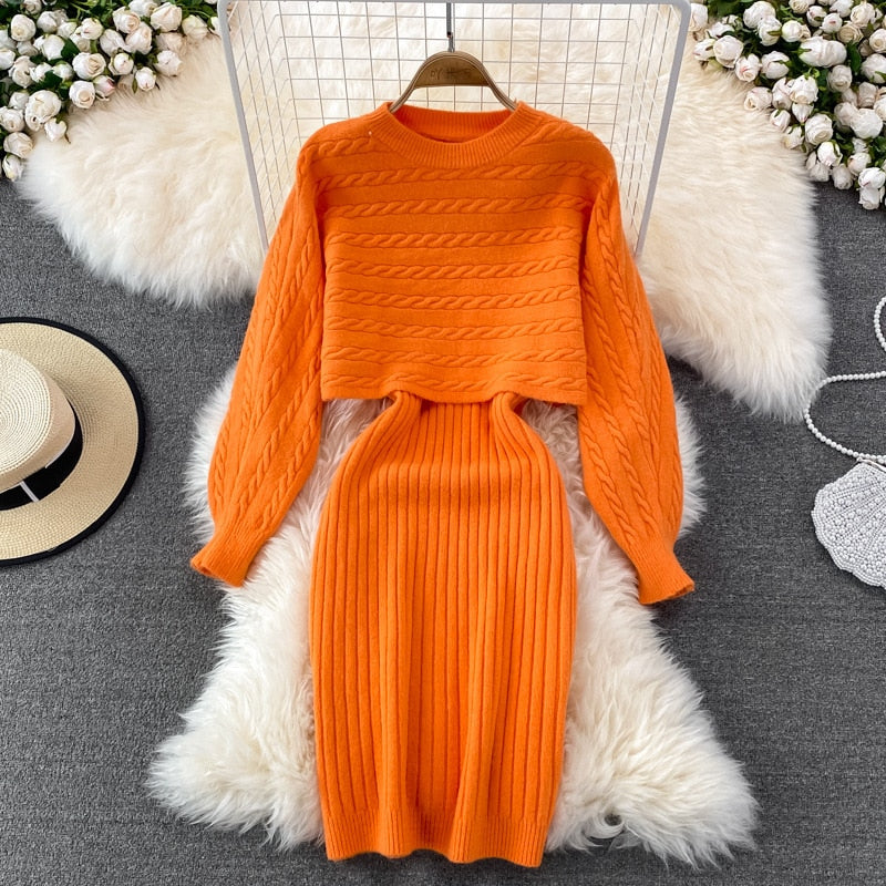 Women Elegant Slim Two Piece Sets Female Sweater Dress Autumn Winter High Waist Knitted Ensemble Femme Medium Long Party Dresses