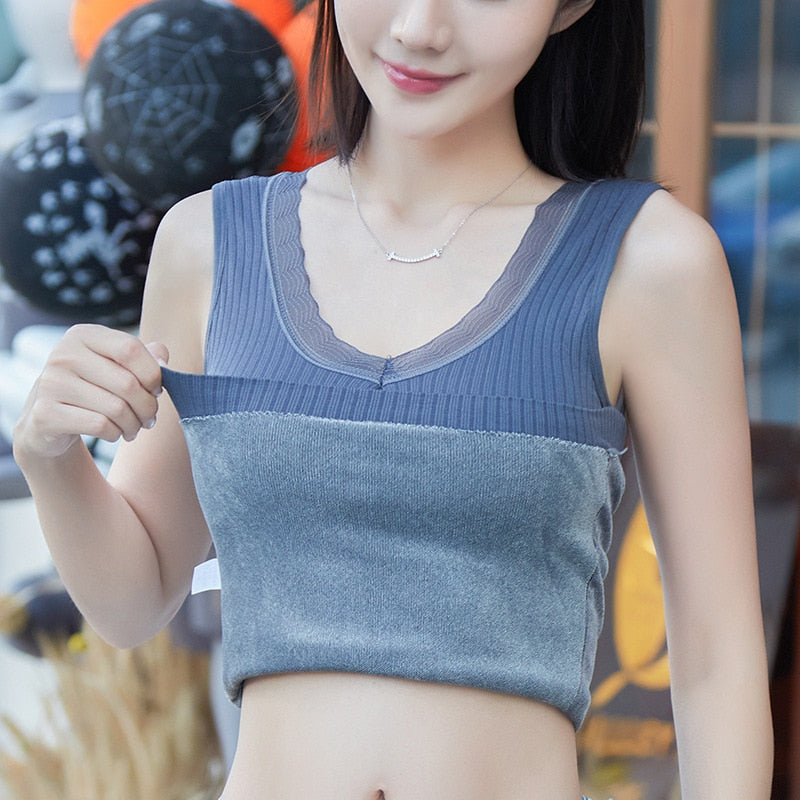 Winter Velvet Thickened Undershirt Women Solid Color Slim Cozy Thermal Underwear Camisole Warm Sling Vest Top Bottoming Clothing