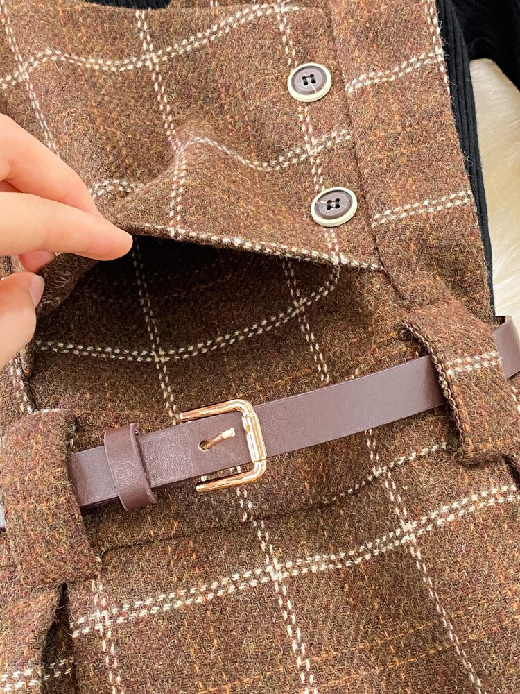 High Quality Fall Winter Women Sweater Overalls Dress Sets Casual Knitted Tops +Plaid Woolen Dress 2 Piece Sets Outfits Female