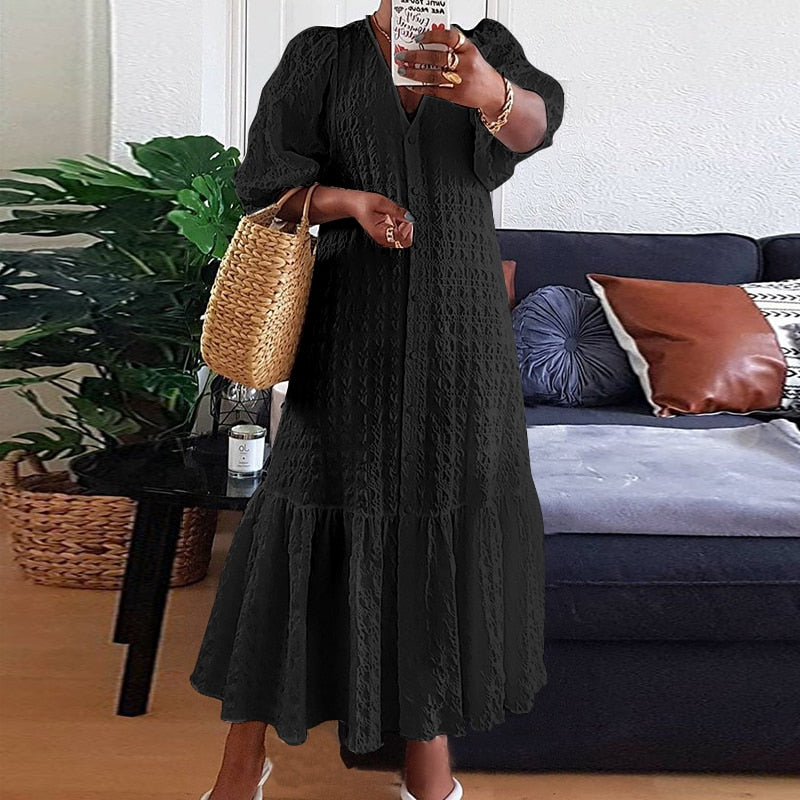 VONDA Plus Size 5XL Women Shirt Dress 2023 Autumn  Sexy V Neck Button Half Sleeve Long Maxi Vestidos Bohemian Elegant Party Robe