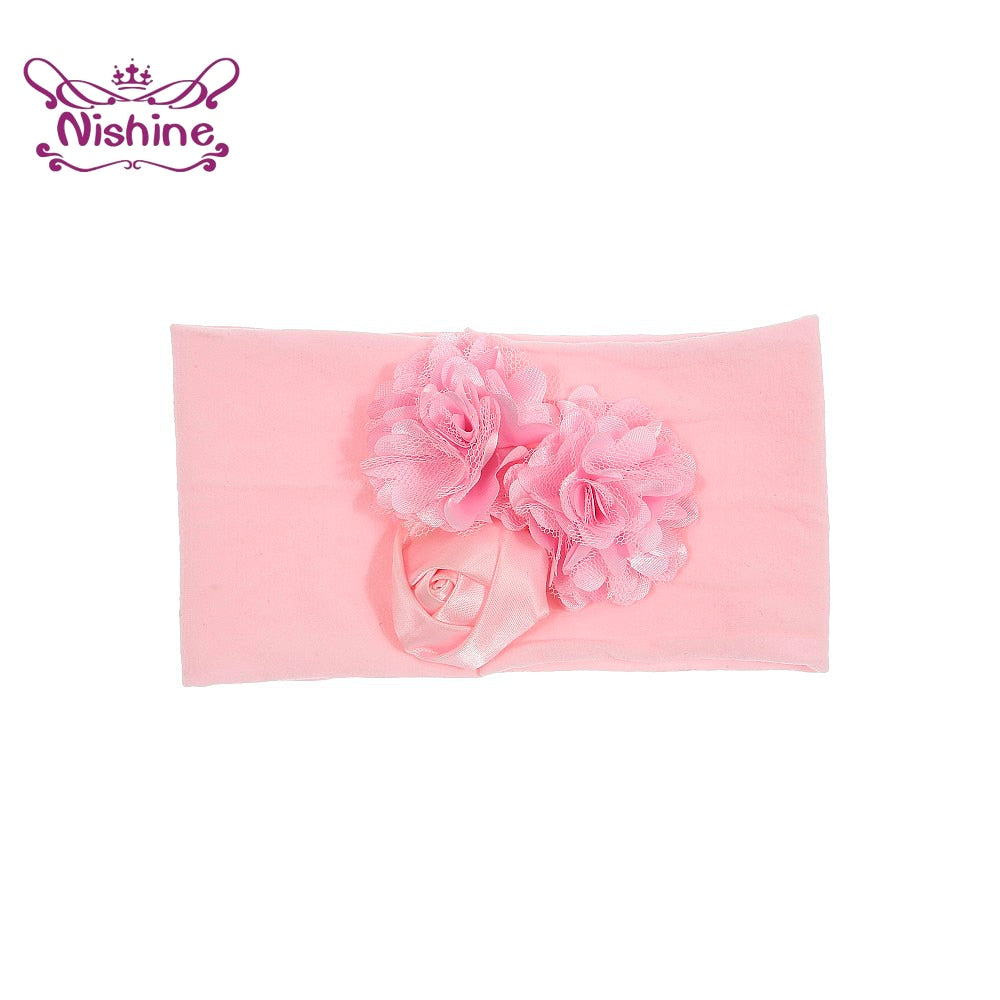 Nishine Soft Stretch Satin Rose Flower Baby Headband Newborn Knot Wide Nylon Headwraps Turban Girls Headwear Kids Photo Props