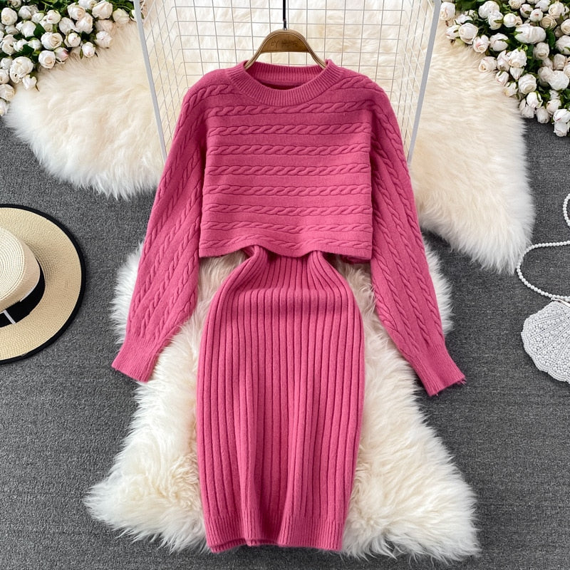 Women Elegant Slim Two Piece Sets Female Sweater Dress Autumn Winter High Waist Knitted Ensemble Femme Medium Long Party Dresses