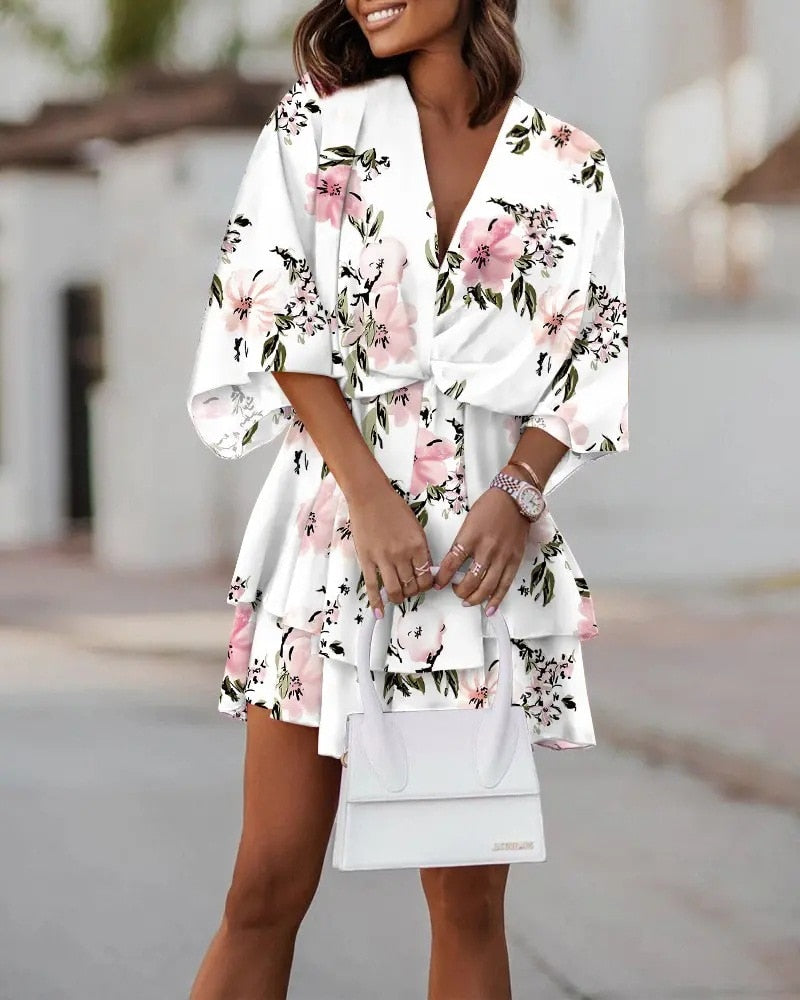 Women Sexy V Neck Mini Dresses Summer Boho Casual Floral Print Batwing Sleeve Dresses Female Ruffle Beach Party Dress Vestidos