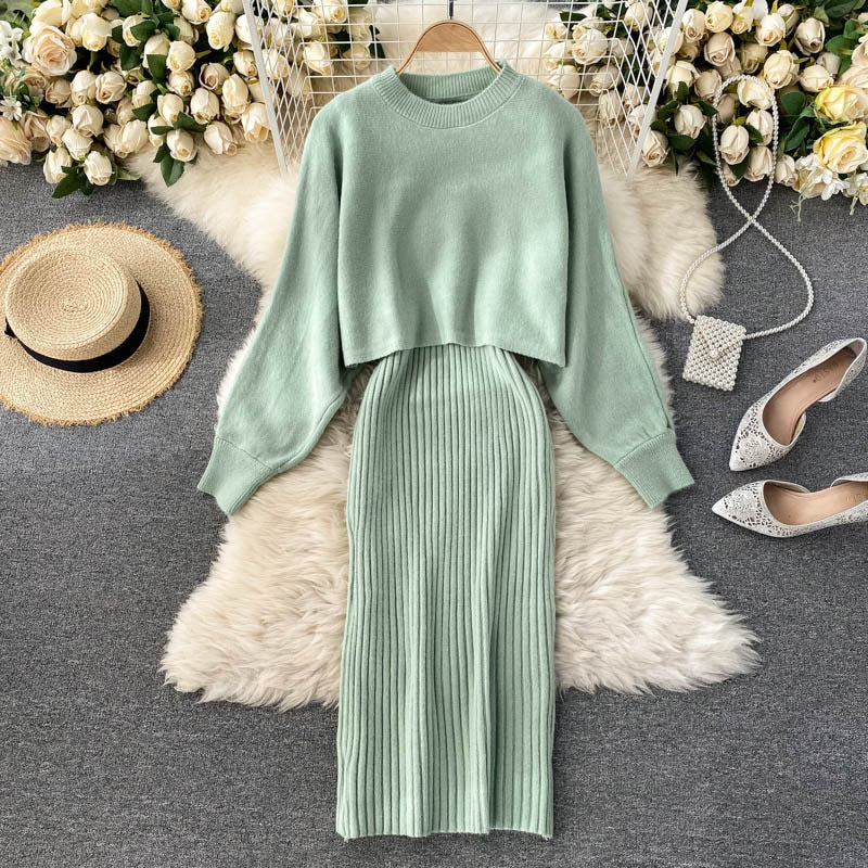 Women Elegant Slim Two Piece Sets Female Sweater Dress Autumn Winter High Waist Knitted Ensemble Femme Medium Long Party Dresses