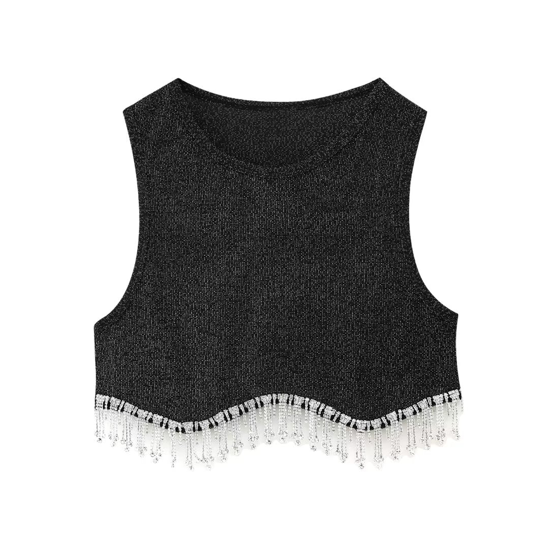 Zevity Women High Street Sexy Hem Tassel Diamond Beading Knitting T Shirt Chic Short Camis Tank Lady Slim Crop Vest Tops LS1311