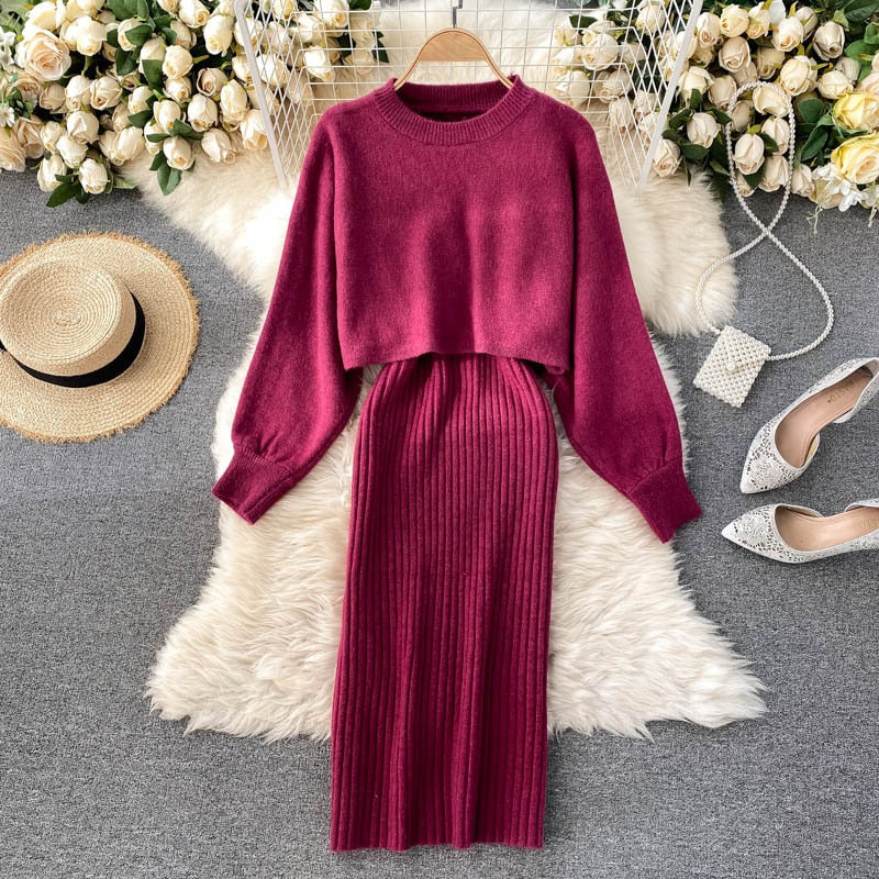 Women Elegant Slim Two Piece Sets Female Sweater Dress Autumn Winter High Waist Knitted Ensemble Femme Medium Long Party Dresses